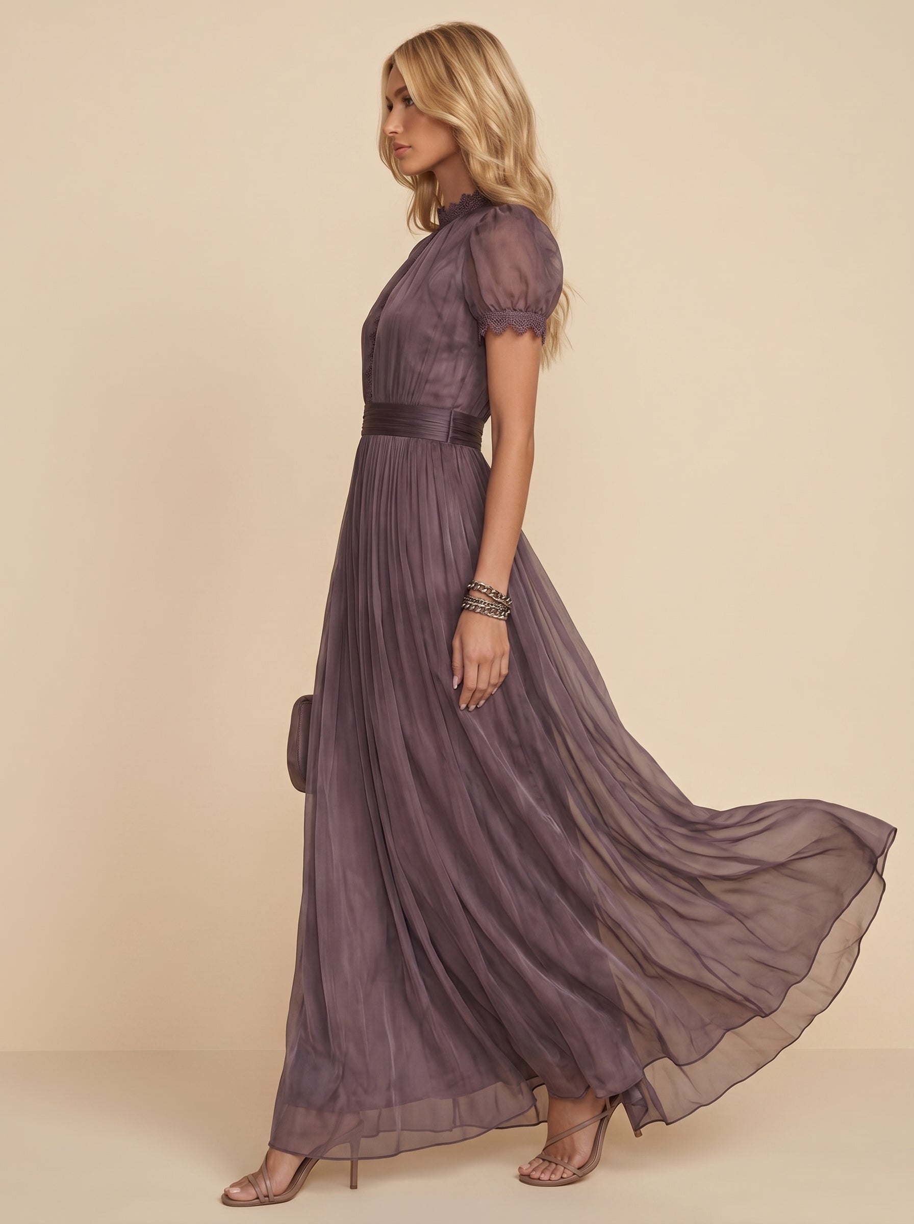 Flavia | Sheer Lace-Trim Pleated Maxi Dress