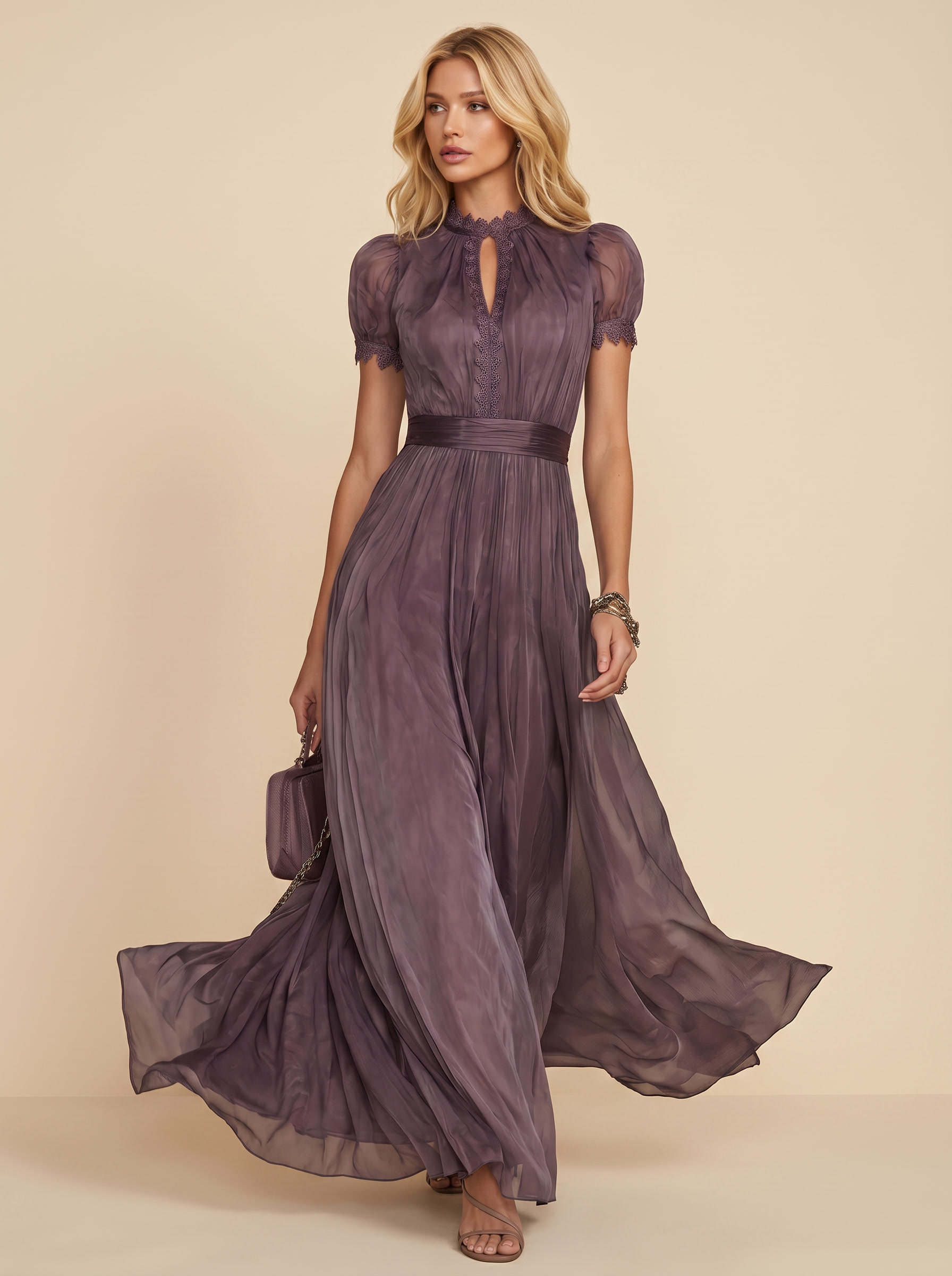 Flavia | Sheer Lace-Trim Pleated Maxi Dress