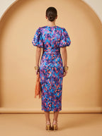 Floral Puff Sleeve Bodycon Midi Dress