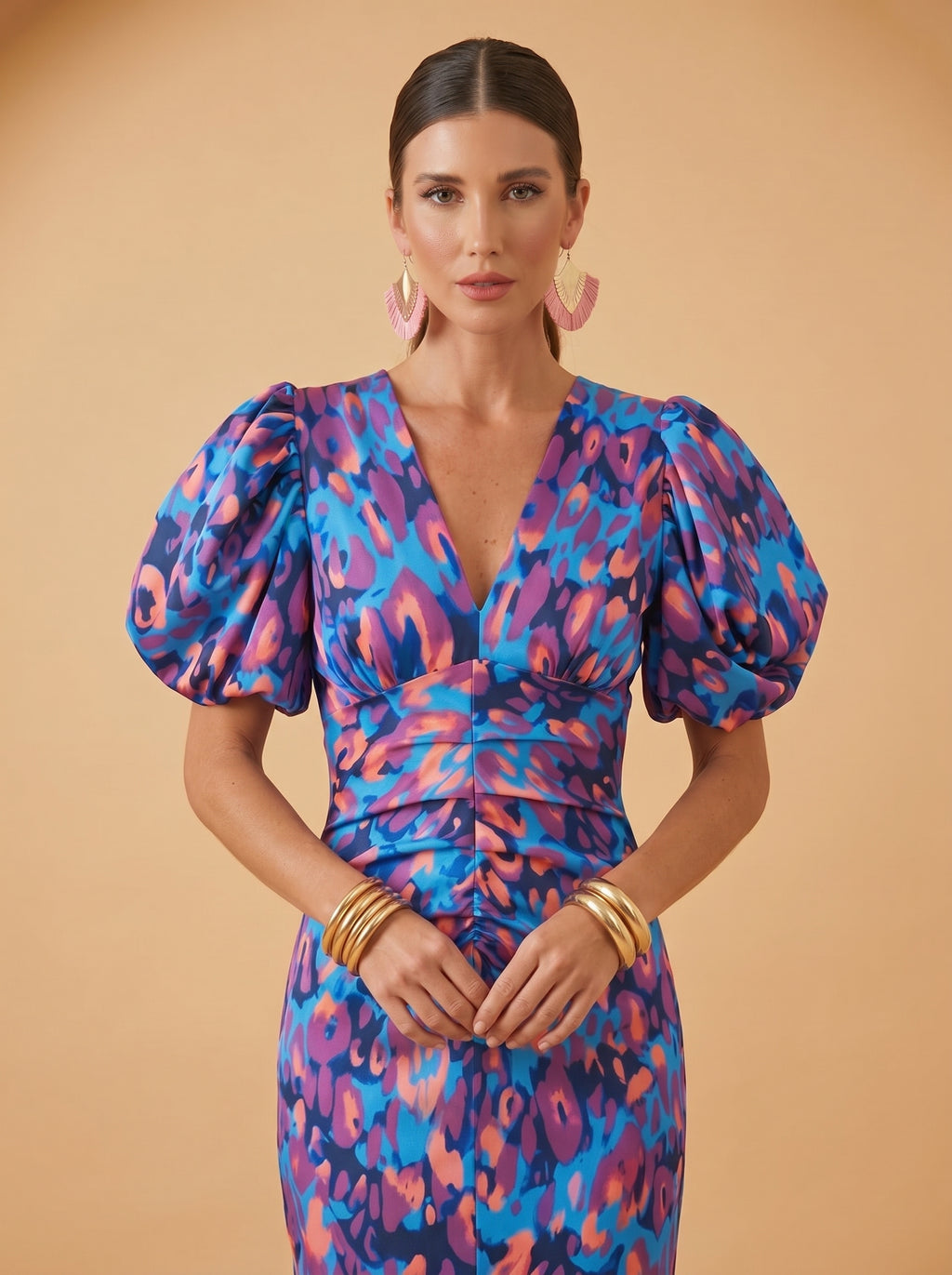 Floral Puff Sleeve Bodycon Midi Dress