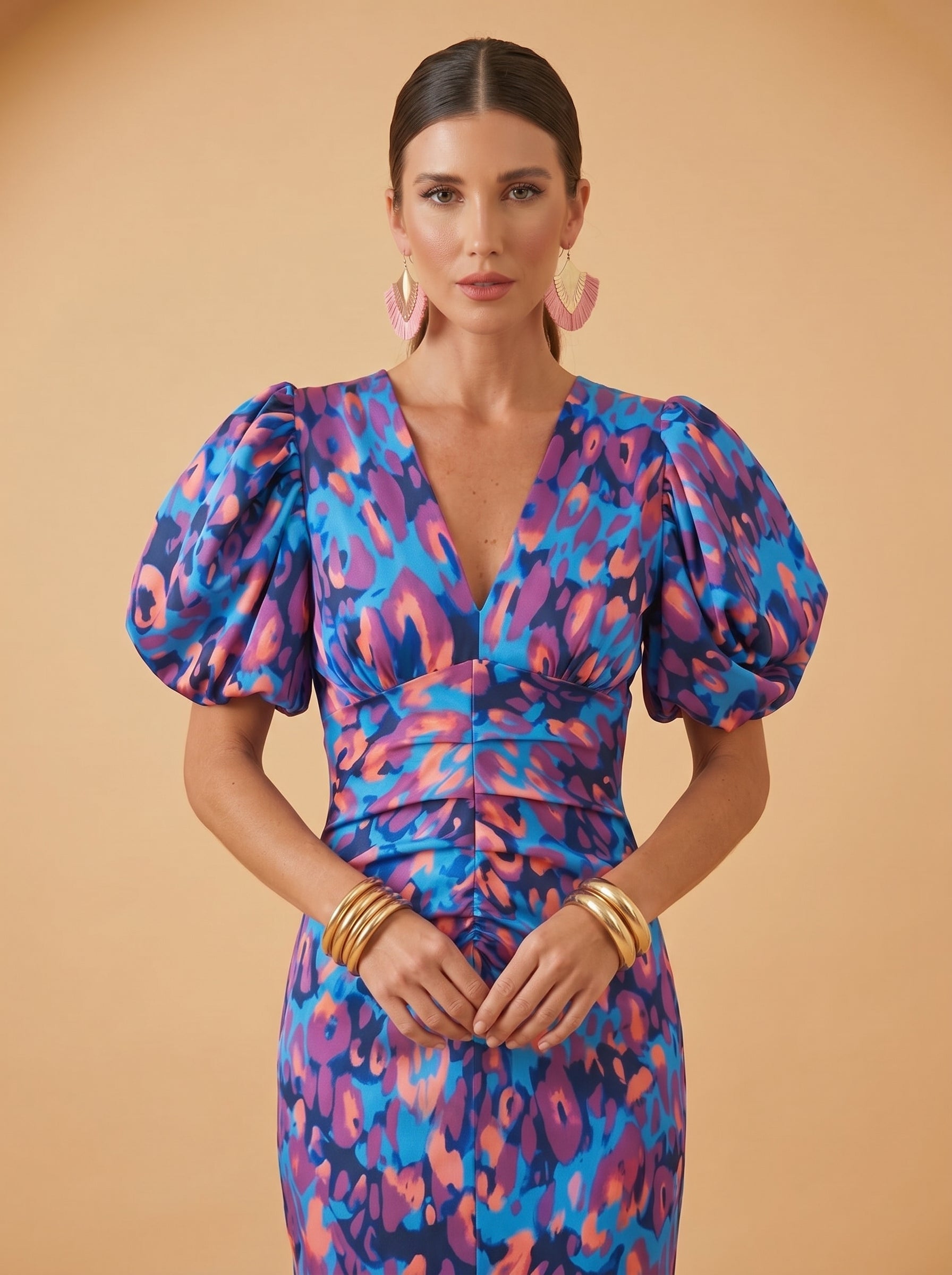 Floral Puff Sleeve Bodycon Midi Dress