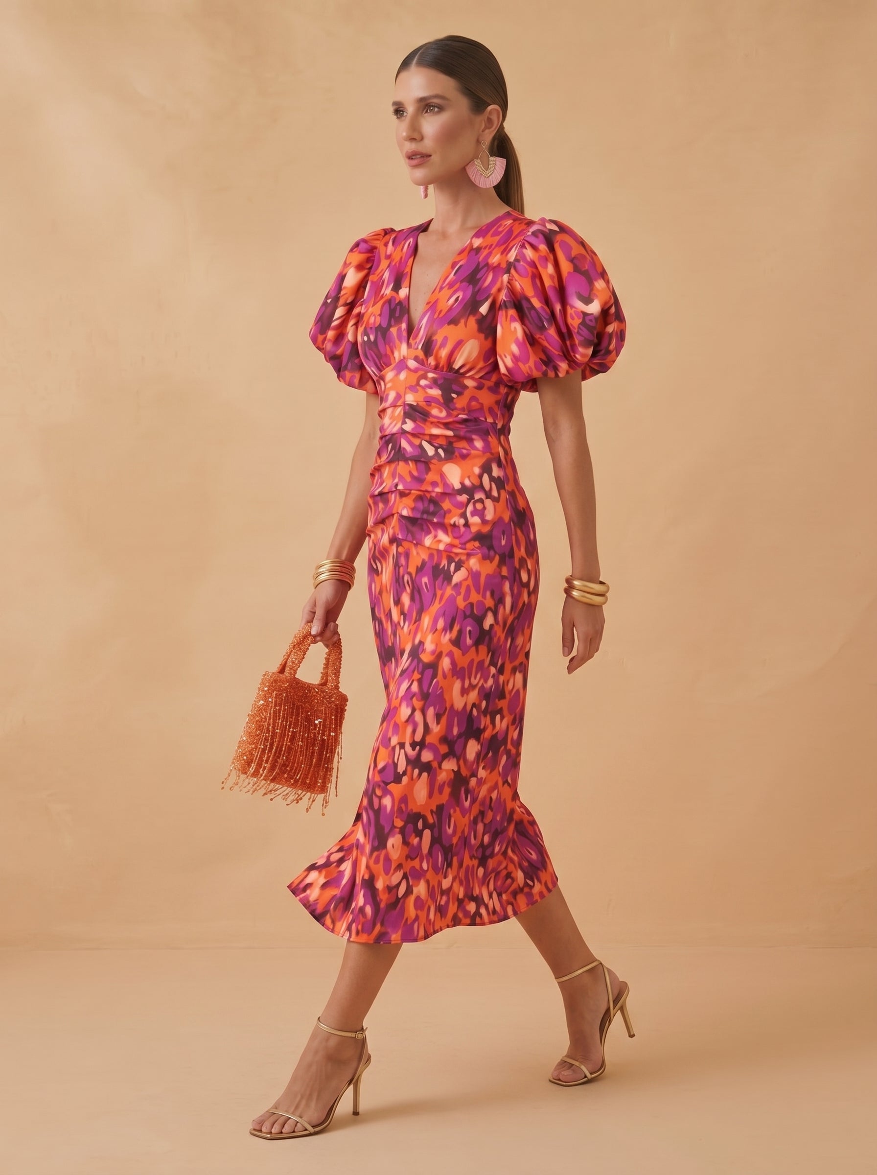 Floral Puff Sleeve Bodycon Midi Dress
