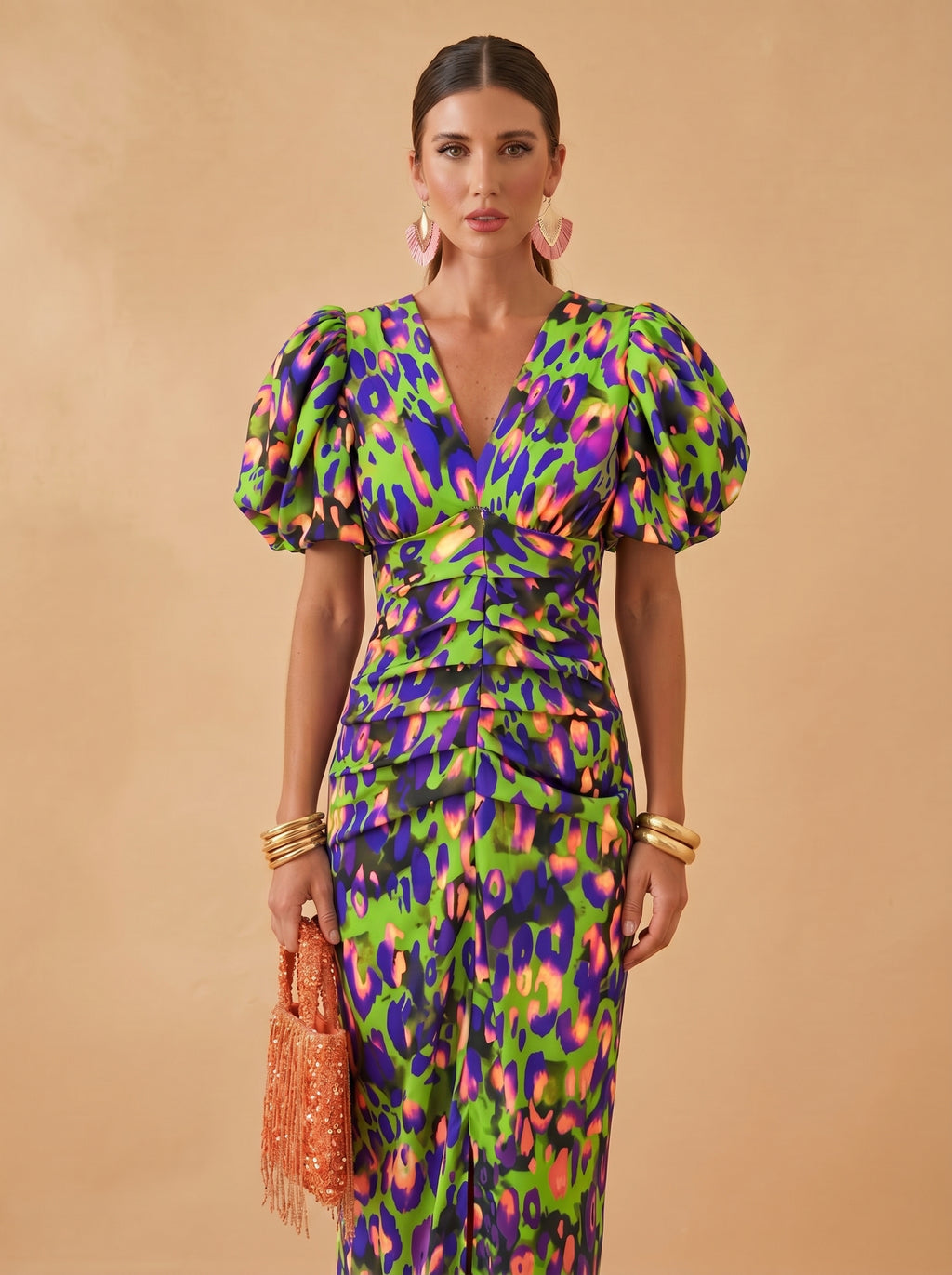 Floral Puff Sleeve Bodycon Midi Dress