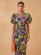 Floral Puff Sleeve Bodycon Midi Dress