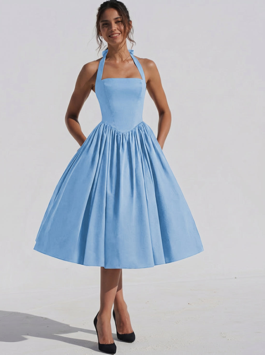Bella A-Line Halter Dress with Cinched Waist